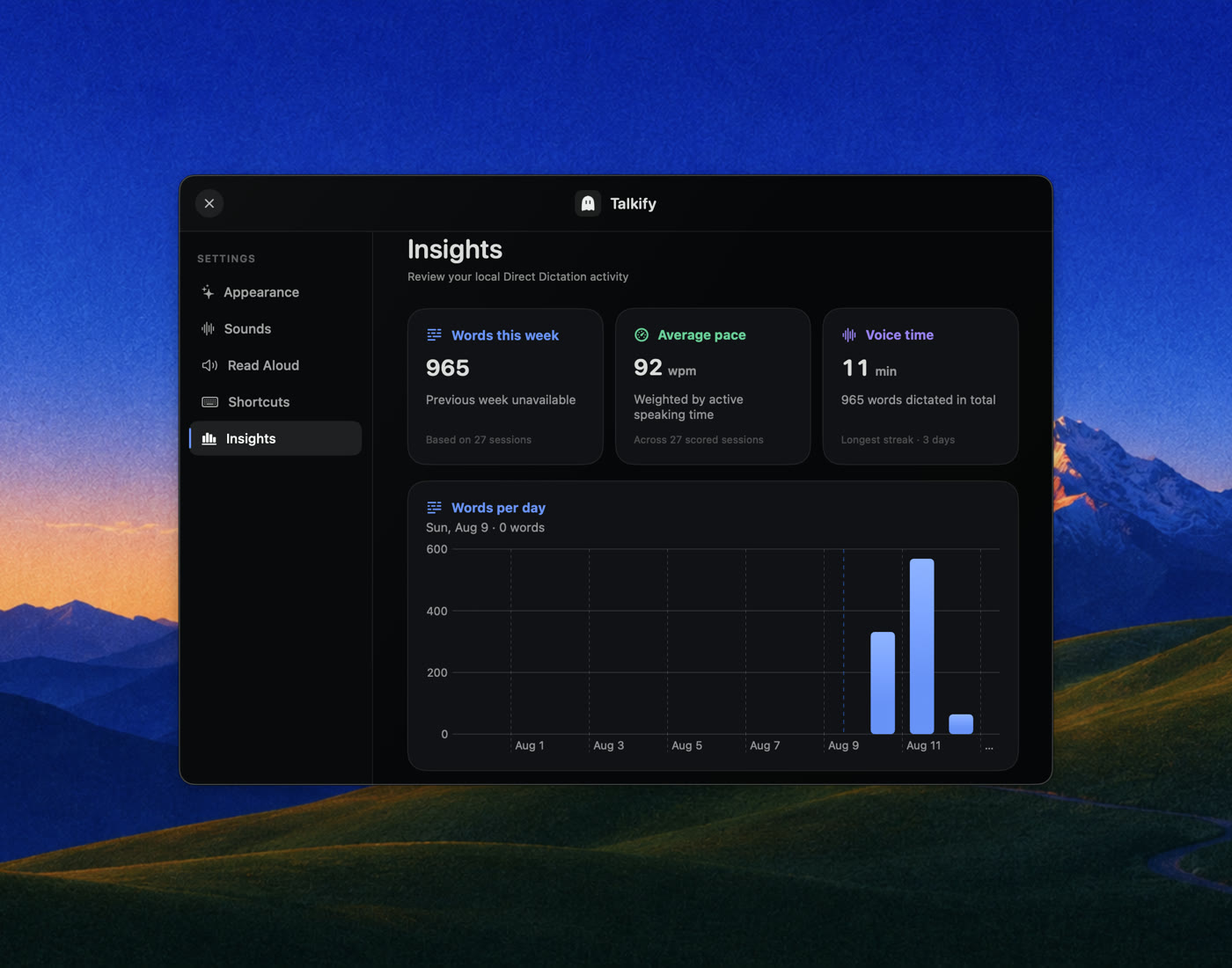 Talkify Settings, Insights section, showing words this week, average pace, voice time and a words-per-day chart